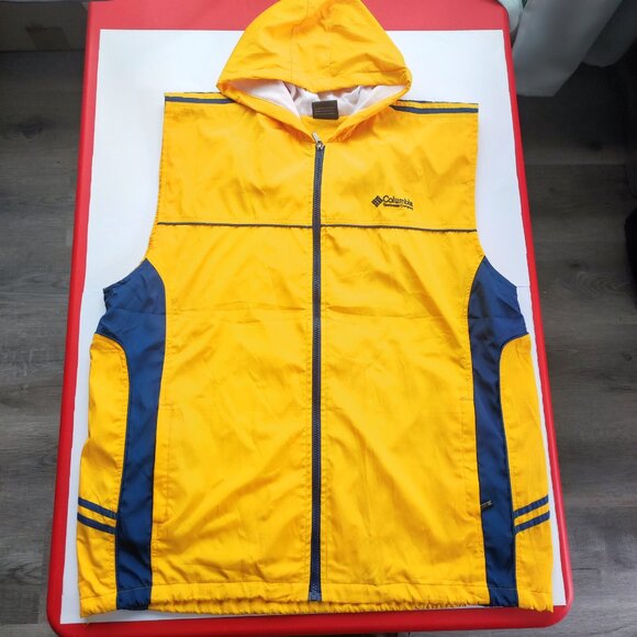 Columbia Vintage rain coat vest yellow with blue design men's - Picture 1 of 10